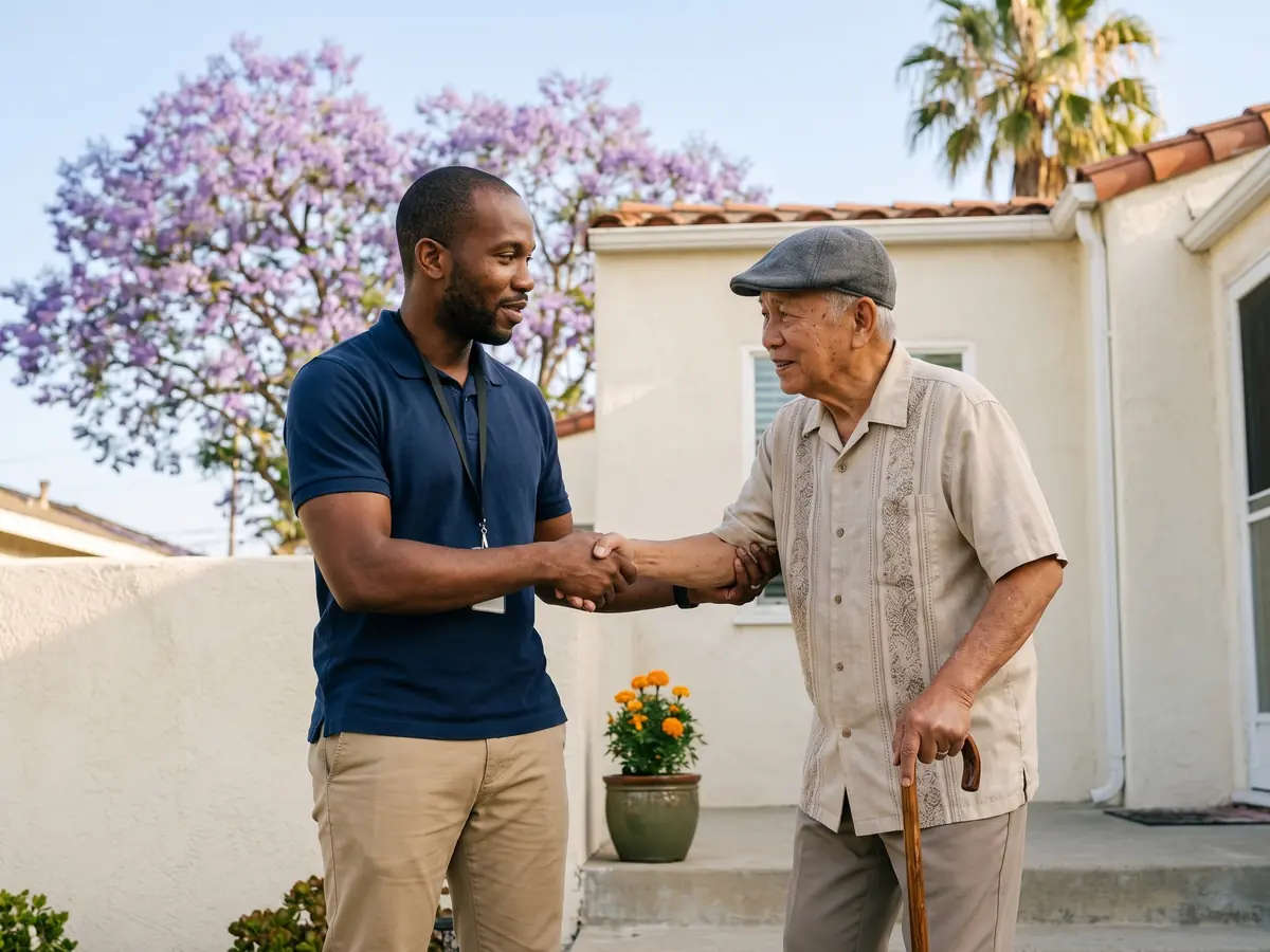 A MedGo driver offers a steadying arm to an older rider with a cane on his front step.