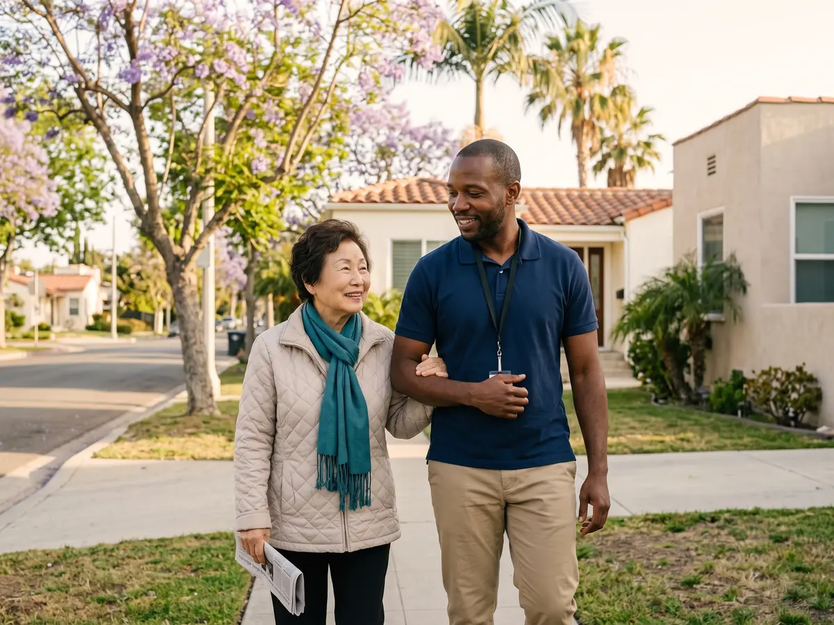 A MedGo driver walks slowly beside an older rider who holds his arm on a tree-lined Valley street.