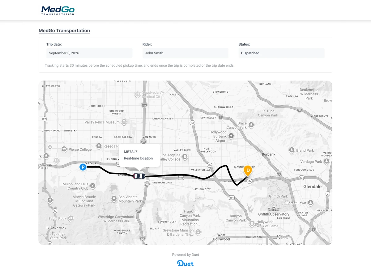 Duet live tracking page for a MedGo Transportation ride: a map of the San Fernando Valley shows the van's real-time location on its route between the pickup and drop-off points.