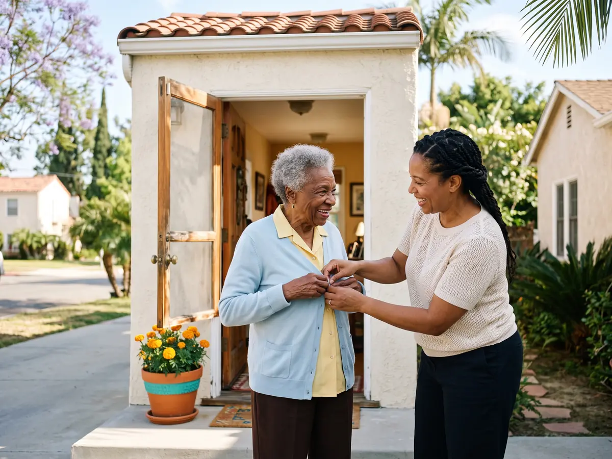 A woman helps her grandmother button her coat at a bright front door before a ride.