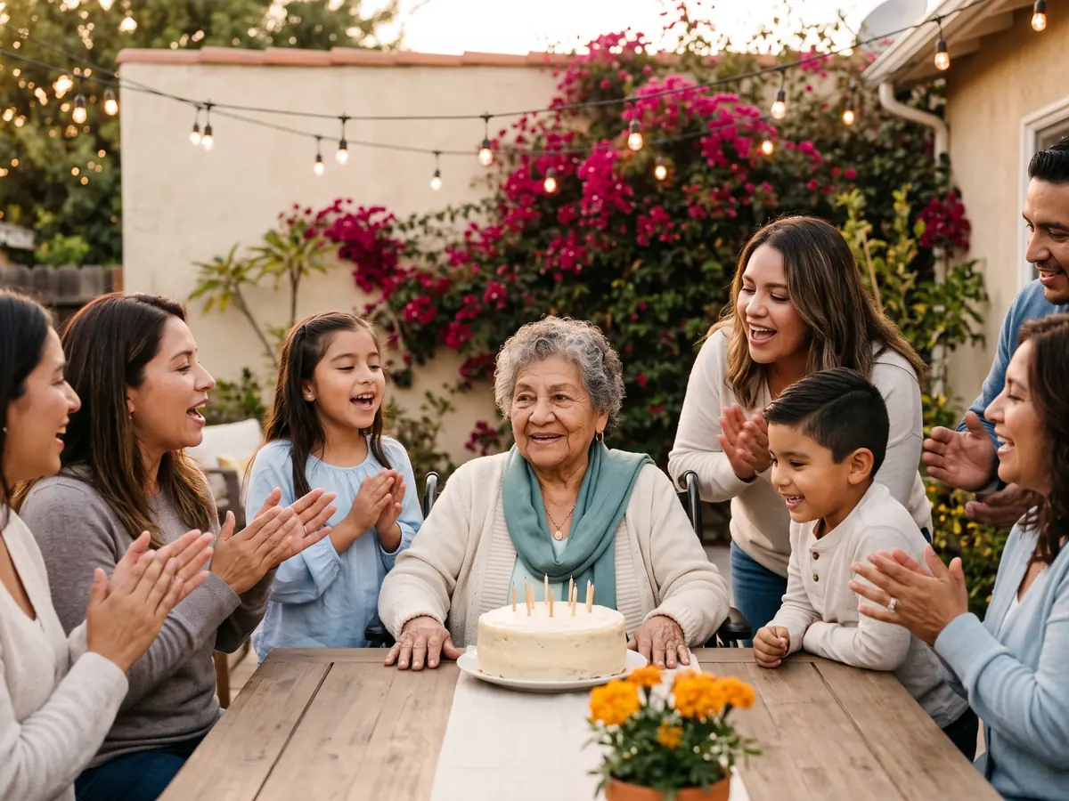 A great-grandmother in a wheelchair at the head of the table at a family birthday.