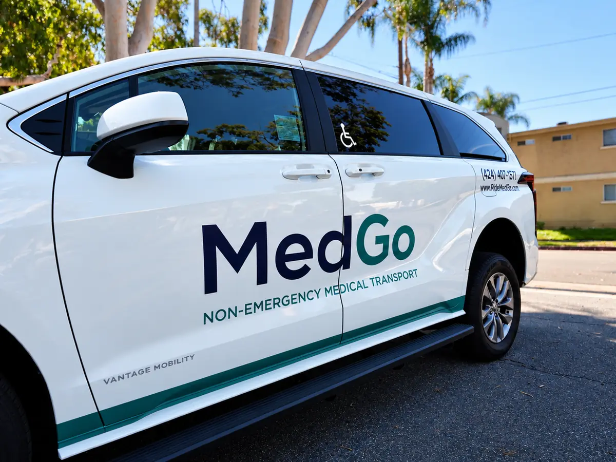 The side of the MedGo Transportation van with its MedGo lettering and the wheelchair symbol on the window.