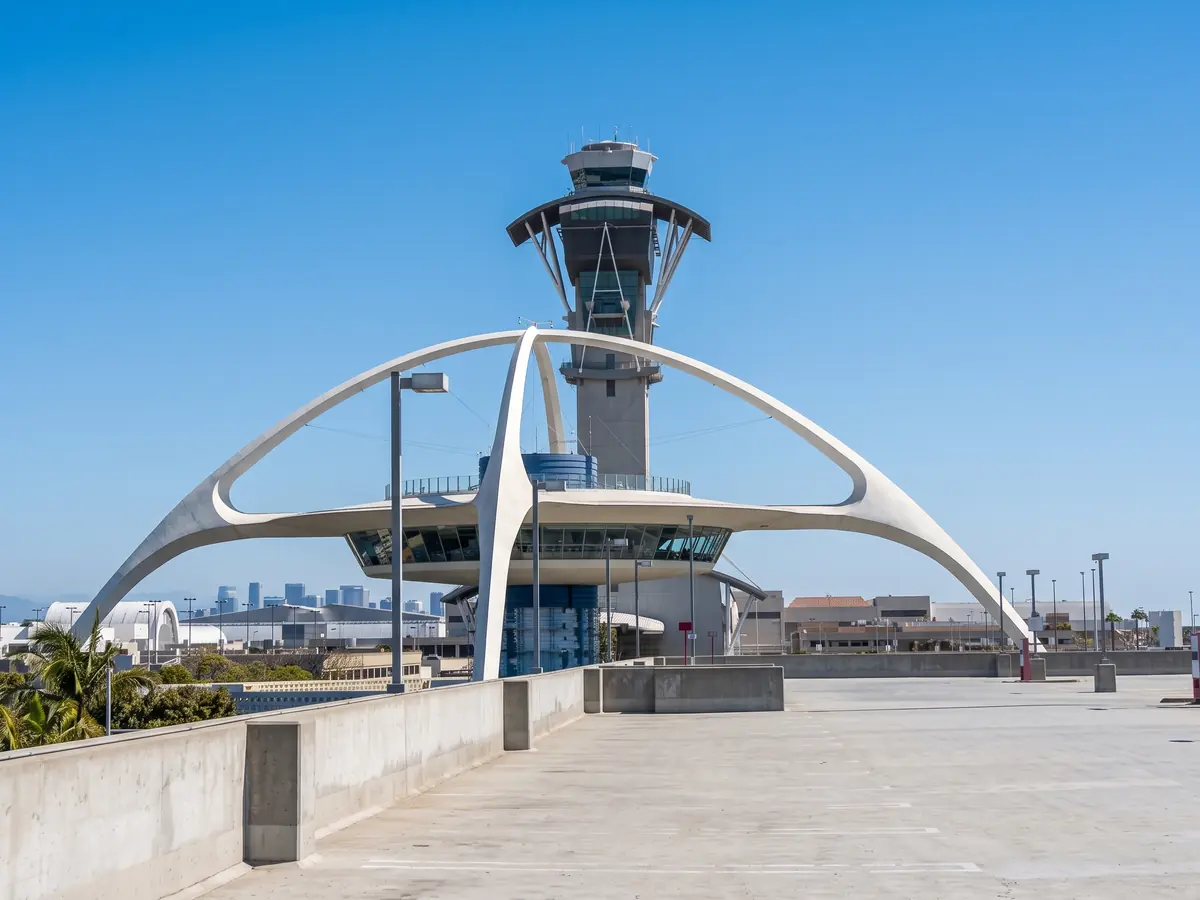 The Theme Building and the control tower at Los Angeles International Airport.