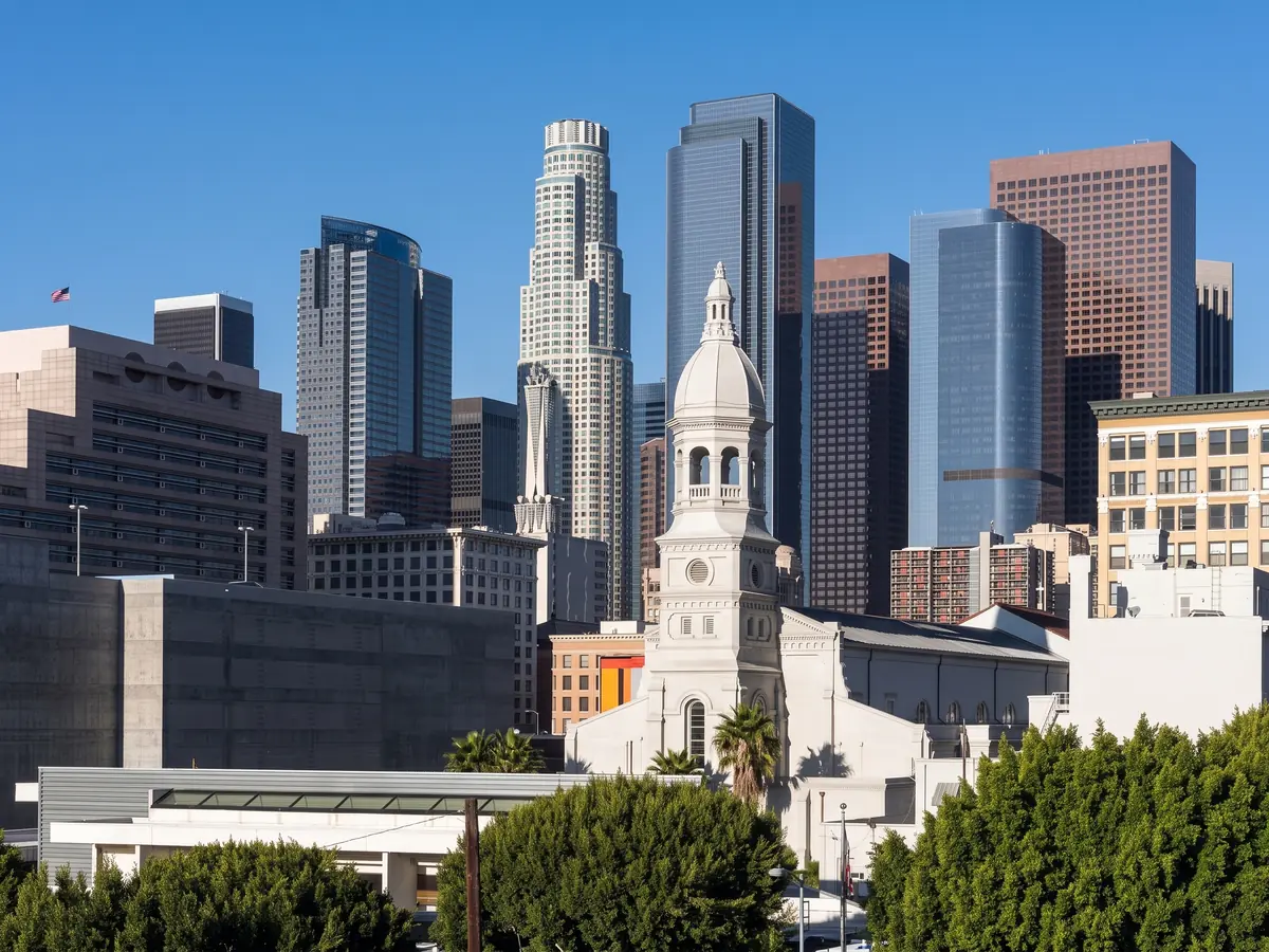 The Downtown Los Angeles skyline on a clear day.