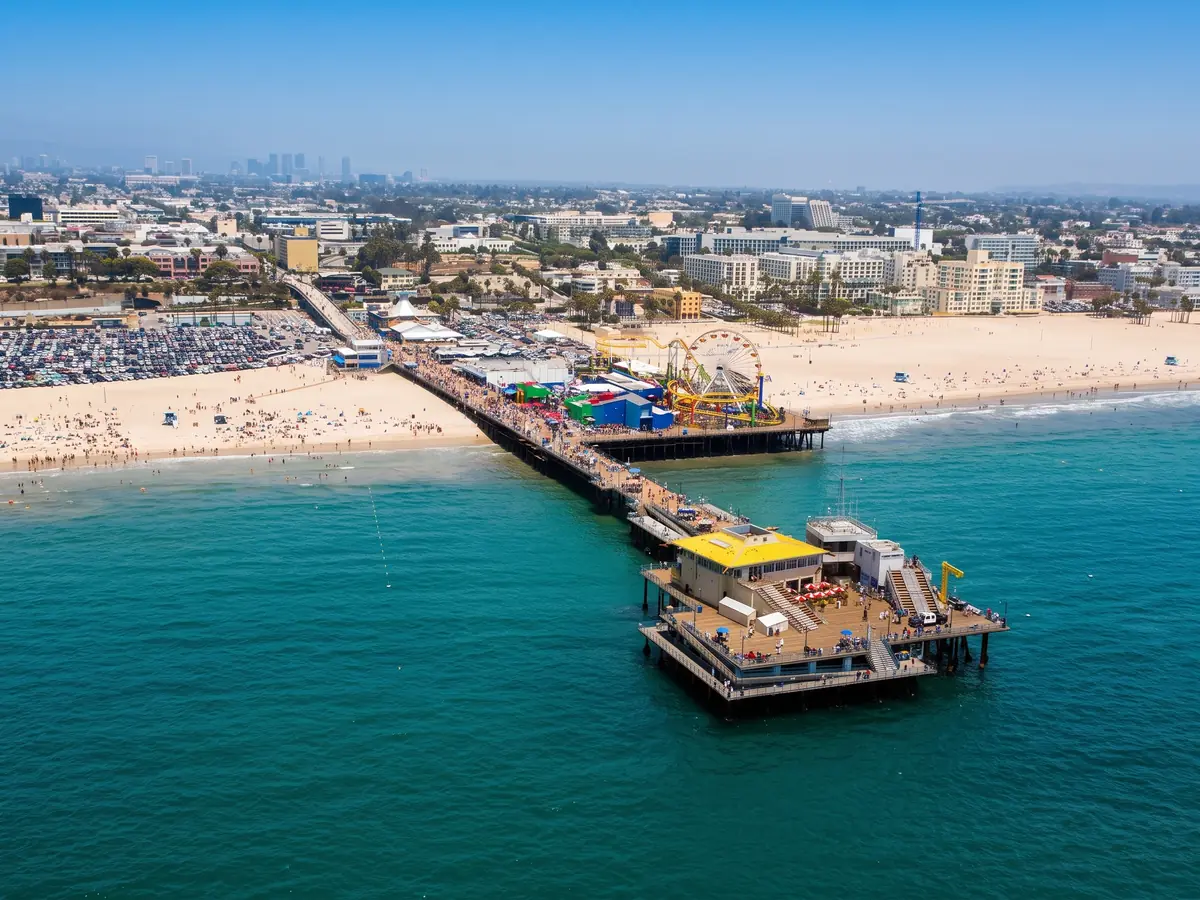 The Santa Monica Pier and beach seen from the air.