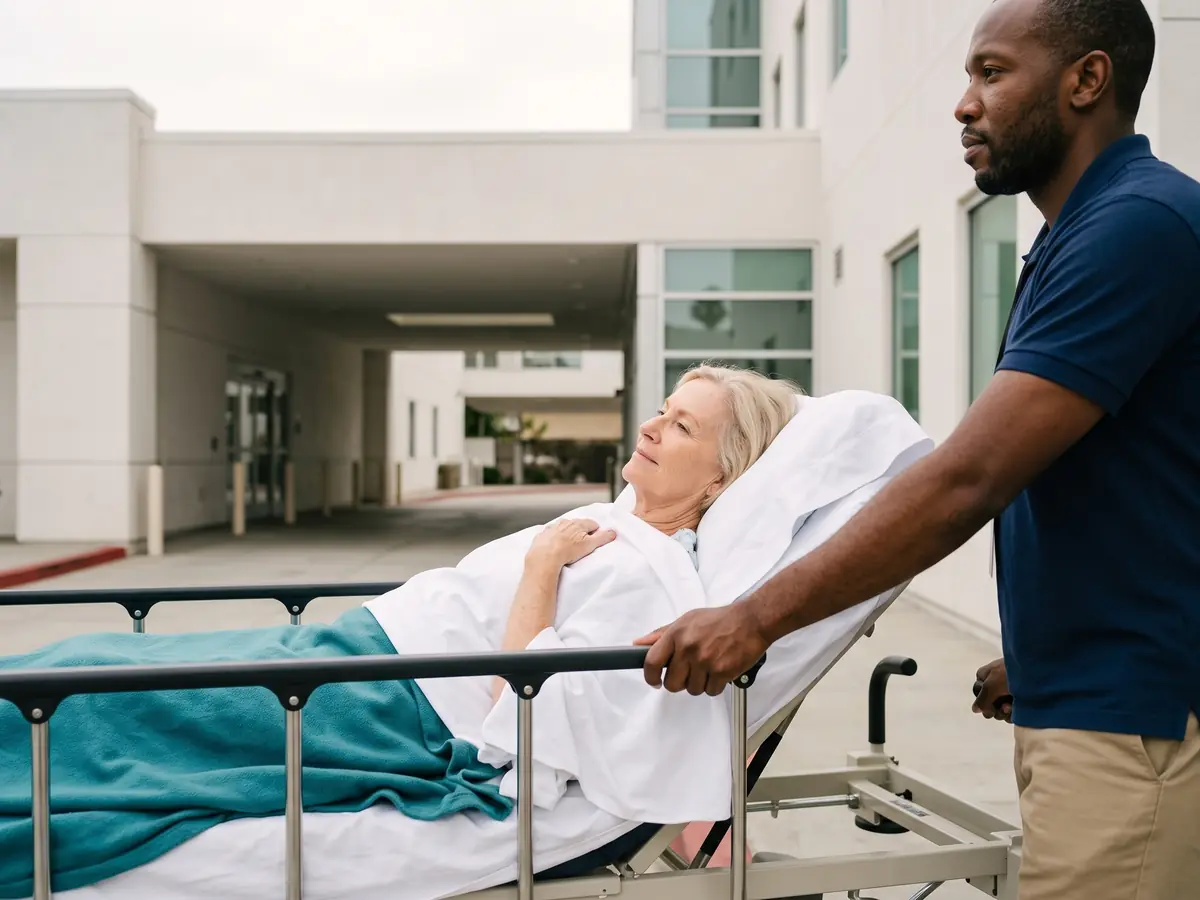 A rider resting comfortably on a gurney as a MedGo driver wheels her through a hospital exit.
