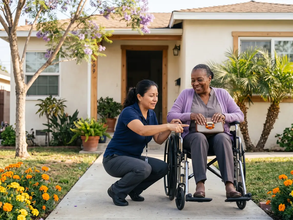 A rider in her own wheelchair on her front porch, a MedGo driver crouched beside her.